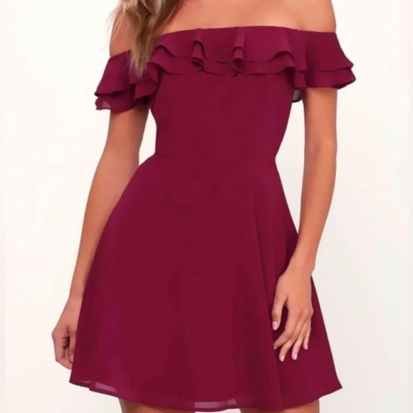 🖤 Lulu’s Win Your Heart Off the Shoulder Wine Red Ruffle Mini Skater Dress - Picture 1 of 5